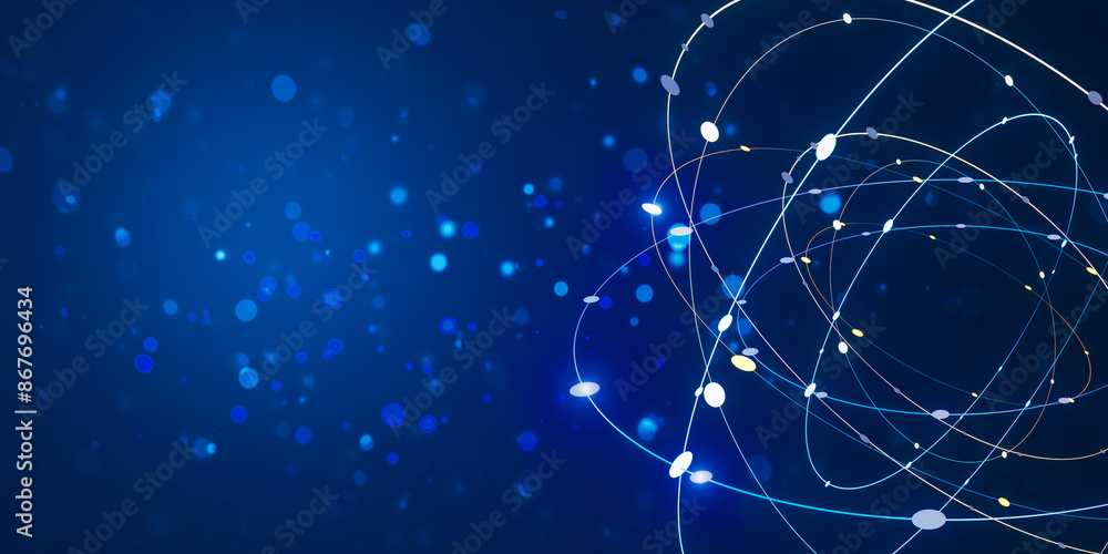 Poster Abstract network connections with glowing dots and lines on a dark blue background, concept of digital technology, modern design template. 3D Rendering