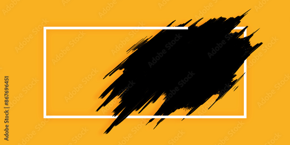 Poster Abstract black brush stroke within a white frame on a vibrant orange background, representing a creative design concept. 3D Rendering