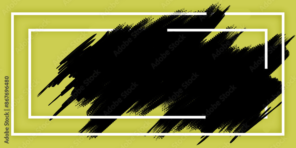 Poster an abstract black brush stroke on a vibrant yellow background with a white frame, concept of modern 