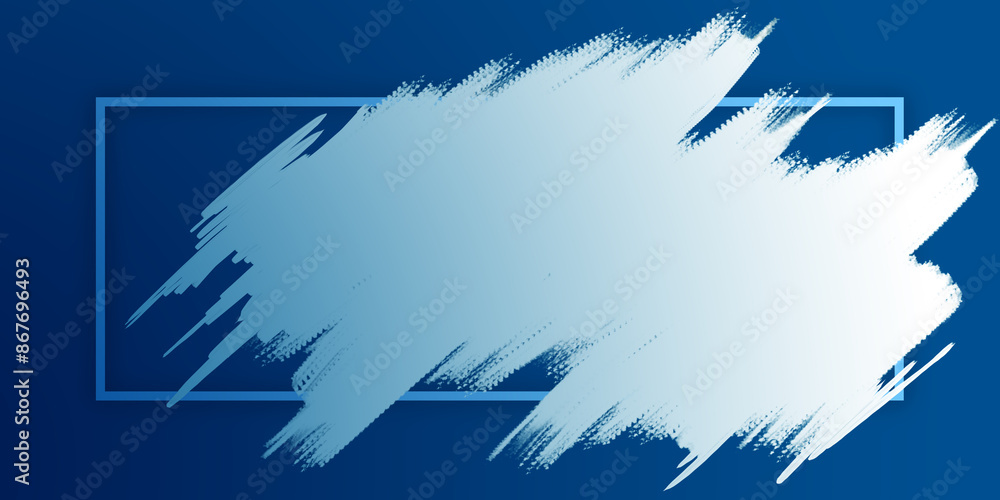 Poster abstract white brush strokes and frame on a blue background, concept of creative design template. 3d