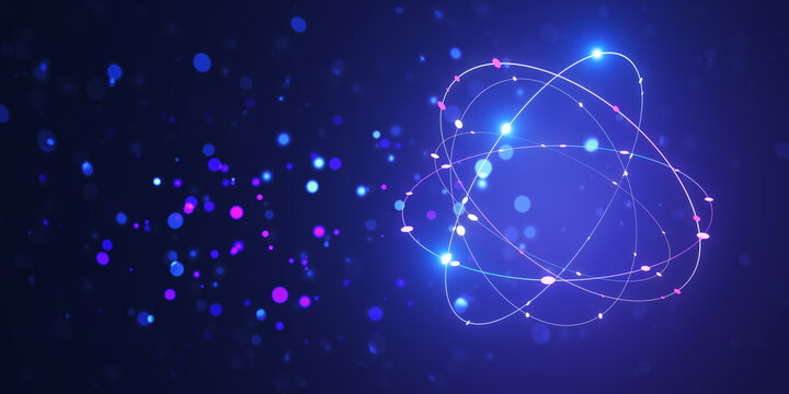 Abstract neon atom model with orbiting particles on a dark blue background, concept of science and technology. 3D Rendering