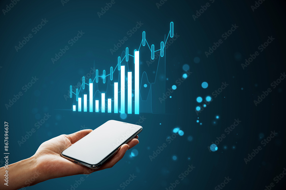 Poster a hand holding a smartphone with digital graphs floating above it, on a blue background, representin