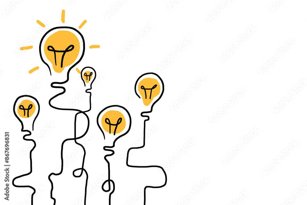 Poster a doodle illustration of multiple heads with lightbulbs symbolizing bright ideas on a white backgrou