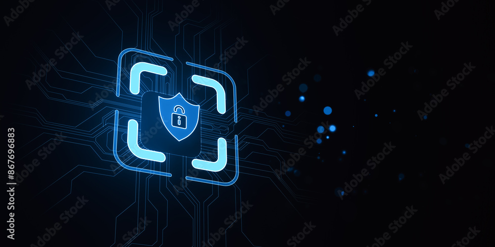 Poster Digital padlock icon on a blue circuit board pattern, symbolizing cyber security concept on a dark background. 3D Rendering