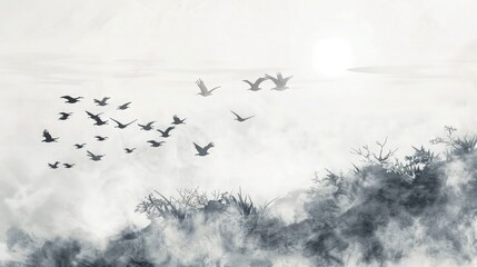 Birds flying over the hill. Traditional oriental ink painting sumi-e, u-sin, go-hua. Translation of hieroglyph - eternity.