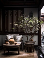 living room with a tree