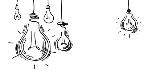 Hand drawn lightbulbs, including one glowing, symbolizing ideas and creativity on a white background © Who is Danny