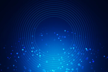 Abstract concentric circles with glowing particles on a dark blue background, conveying a...