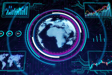 Digital depiction of Earth with data analytics graphics on a dark technological background, concept of global tech. 3D Rendering