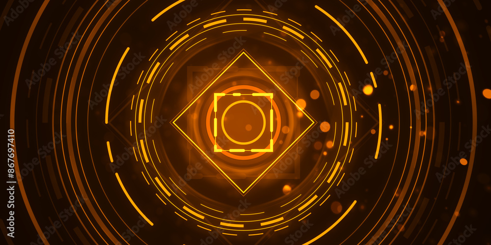 Poster An abstract digital geometric pattern with warm glowing lines on a dark background, conveying a concept of technology. 3D Rendering