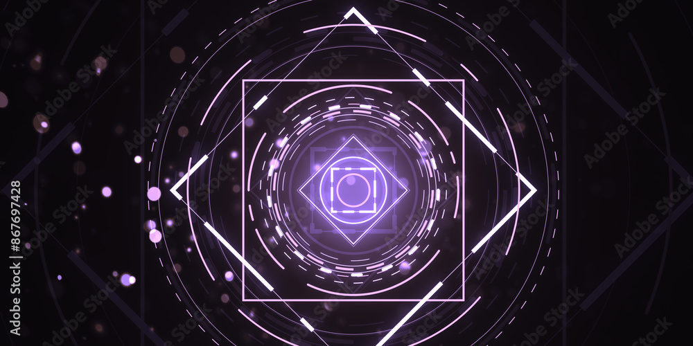 Poster abstract geometric shapes with camera icon at the center, digital art style, on a dark purple backgr