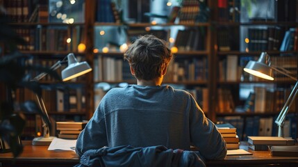 Obraz premium A young man sits at a desk in a library, surrounded by books