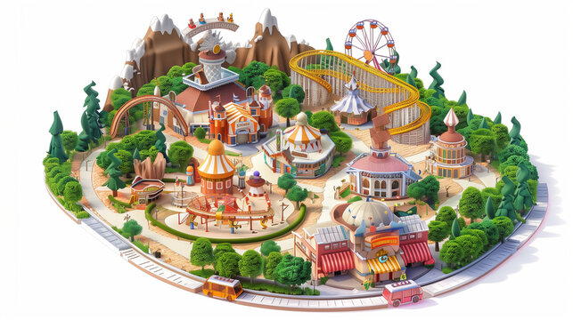 Illustration of a summer day at an amusement park with a roller coaster, ferris wheel, and other fun attractions, featuring people having a great time