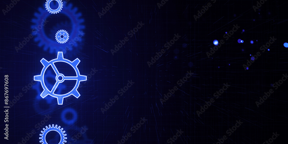 Poster a digital image of glowing blue gears on a dark blue background, symbolizing technology and innovati