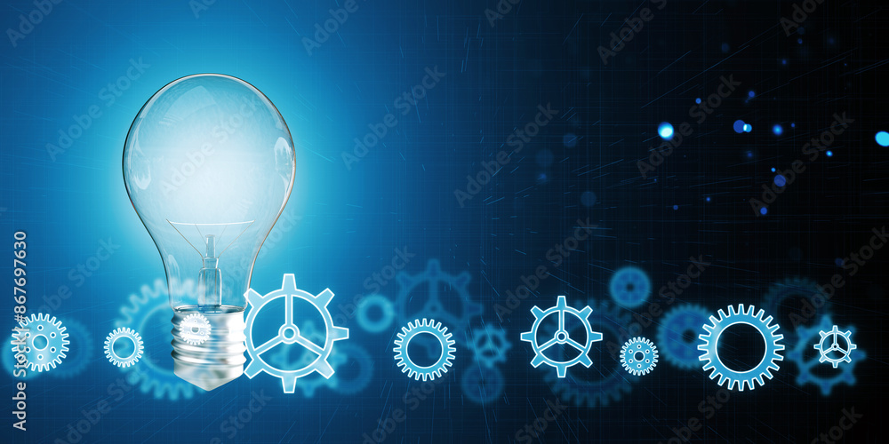 Poster lightbulb with glowing gear graphics, digital art style, on a blue tech-themed background, concept o