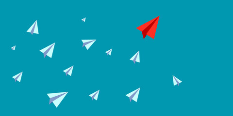 A red paper airplane leading white paper airplanes on a blue background, concept of leadership and uniqueness. 3D Rendering