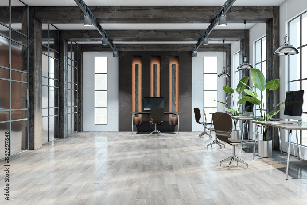 Poster a modern office interior with empty workspaces, wooden design elements, and large windows in a light