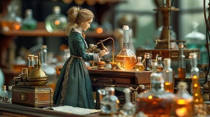 Explore innovative laboratory of Marie Curie as she discovers radium and polonium surrounded by early scientific instruments and glowing chemicals ideal for fans of scientific pioneers