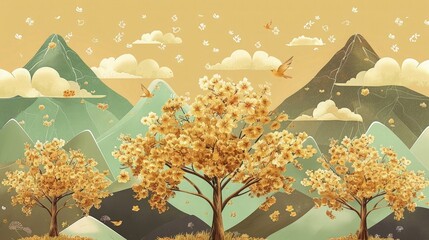 Caramel brown trees with golden flowers in front of mint green, charcoal, and pewter mountains, under a mellow yellow background with scattered white clouds and orioles.