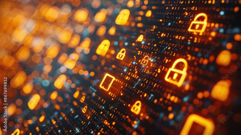 Aufkleber digital security: orange abstract illustrations representing cybersecurity concepts like encryption,