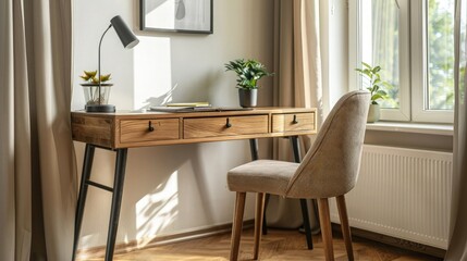 Cozy home workplace with wooden drawer writing desk and fabric chair. Interior design of modern scandinavian home office.