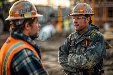 Fototapeta premium Two men wearing hard hats and safety vests are talking to each other