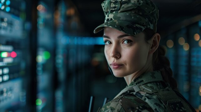 A woman in military uniform gazes back, her determined expression revealing the gravity of her task. She stands before a backdrop of data servers, indicating a high-tech workplace