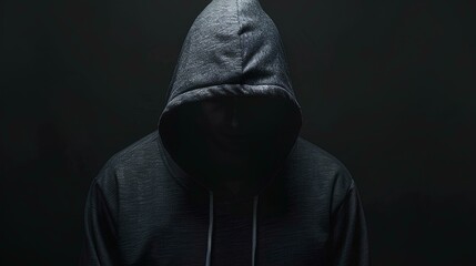 hooded figure on a black background, representing mystery and power for Halloween or ominous themes. Isolated dark grey color background with copy space for text.