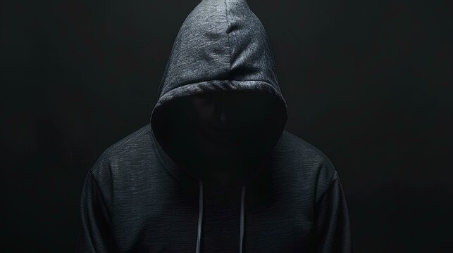 hooded figure on a black background, representing mystery and power for Halloween or ominous themes. Isolated dark grey color background with copy space for text.