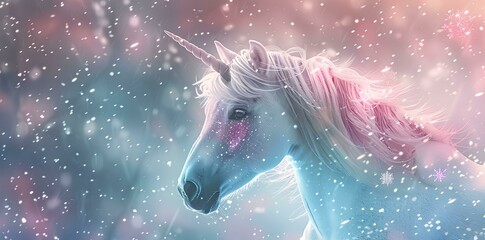 A beautiful unicorn with a pastel pink and blue background, glittering snowflakes in the air, a magical fantasy  - Powered by Adobe