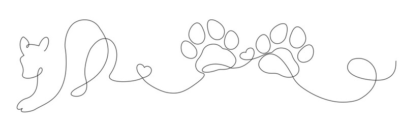 Linea continua con gatto gioca, impronte di zampa e cuore. heart. Amore per gli animali in un semplice stile lineare, Illustrazione grafica vettoriale per Canva, presentazione, decorazione, ricamo,  © roberta