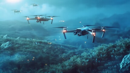 Naklejka premium A fleet of drones flying over a misty landscape during twilight, showcasing advanced aerospace technology in an atmospheric scene.