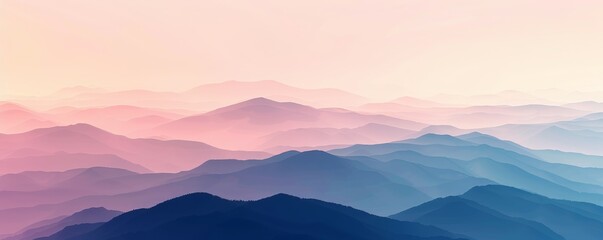 Beautiful gradient mountain landscape with soft pastel colors at sunrise, creating a serene and tranquil atmosphere.