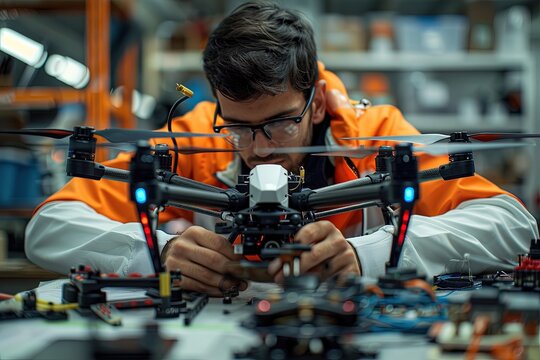 A man is working on a drone in a workshop - Powered by Adobe