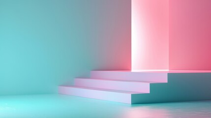 Obraz premium Modern minimalist interior with pastel gradient lighting. Empty room with steps in soft pink and teal hues. Creative, stylish, trendy design.