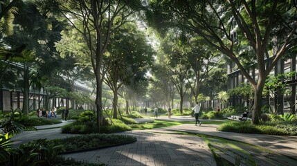 Fototapeta premium A thriving urban forest with diverse tree species and green walkways for pedestrians.