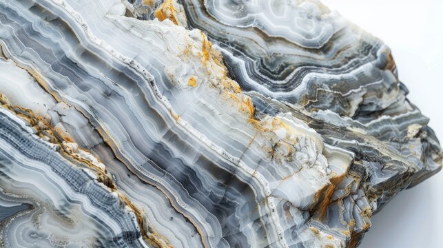 Striated flint rock set against a white backdrop Intriguing patterns and curves Shades of grey with striking lines