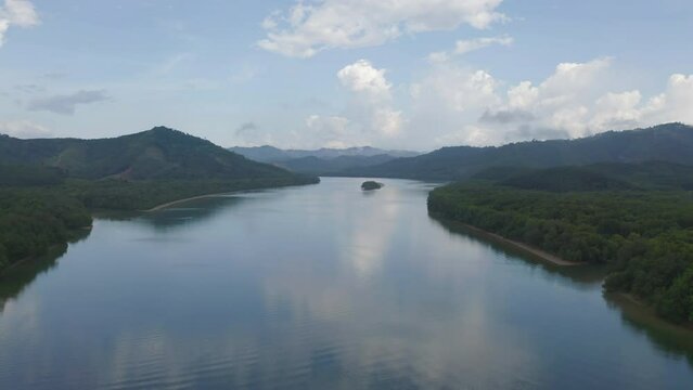 Aerial view of Ranong City, The Floating village urban city town houses, lake sea or river. Nature landscape fisheries and fishing tools, Thailand. Aquaculture farming