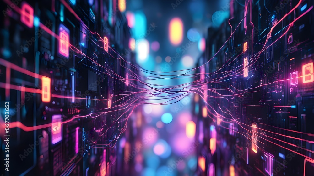 Poster a computer generated image of a cityscape with a blue and pink background