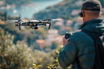 A man is taking a picture of a drone flying in the air