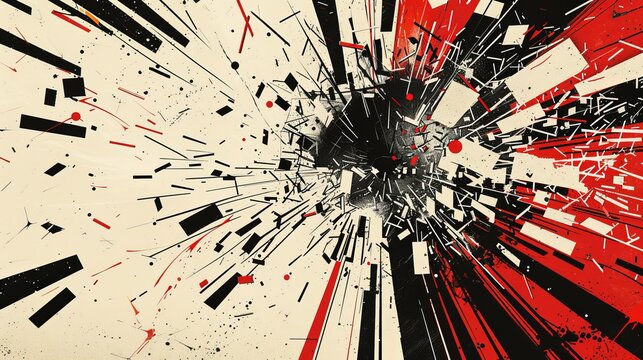 Naklejki a bauhaus illustration in white, black and red of an explosion of content, the content is made by single letters