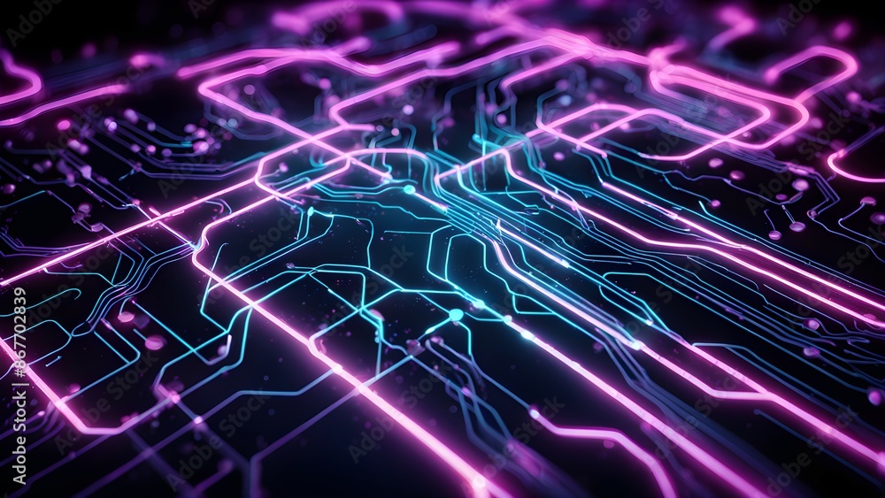 Poster a computer generated image of a cityscape with a blue and pink background