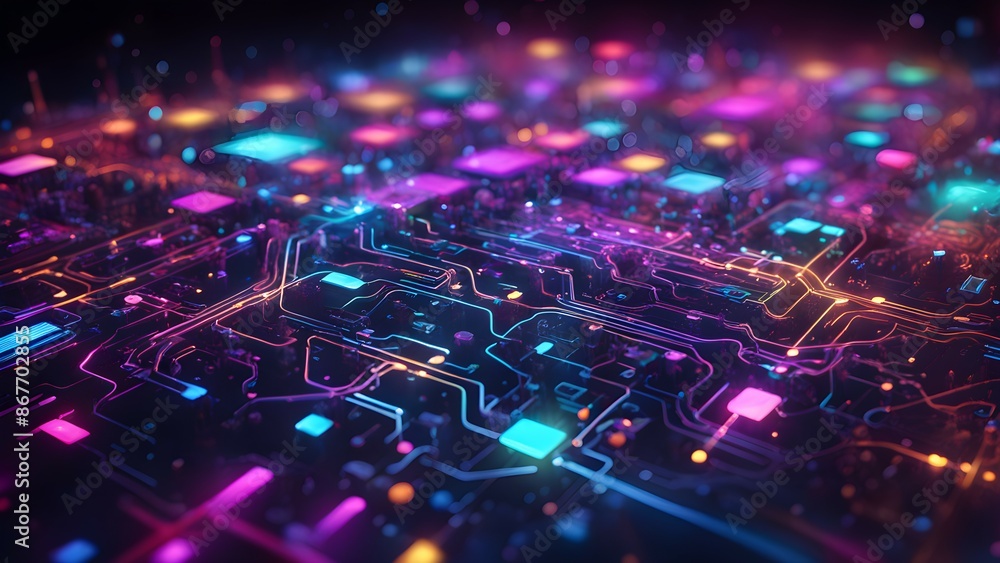 Poster a computer generated image of a cityscape with a blue and pink background