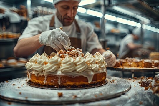 A man is decorating a cake with powdered sugar
