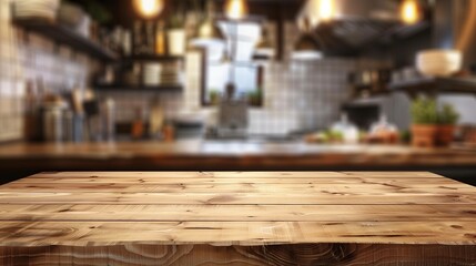 Empty old wooden table overlooking the kitchen, with blurred background