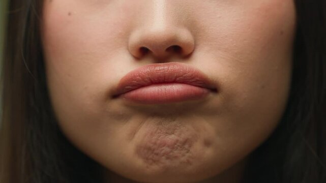 Close up female lips mouth Asian chinese woman upset displeased korean lady bored dissatisfied emotions stress offense sad lonely girl health problem skin cosmetology beauty injection face in details