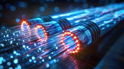 Close-up of glowing fiber optic cables, representing high speed internet and data transfer.
