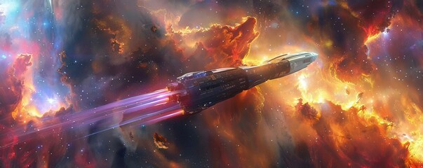 Fototapeta premium A sleek, metallic spaceship cruising through a nebula of swirling colors.