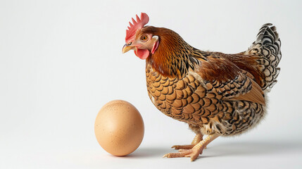 Fototapeta premium A hen and an egg on a white background symbolizing agriculture and farm life