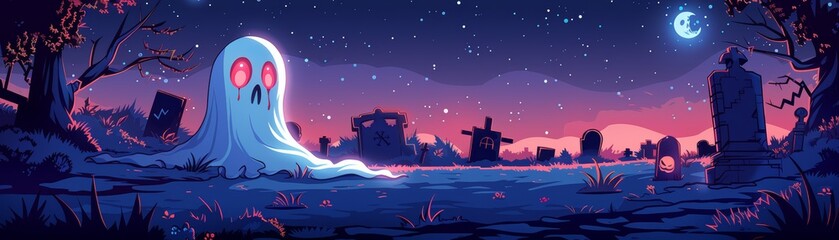 Ghostly figure in a graveyard under a starry sky.